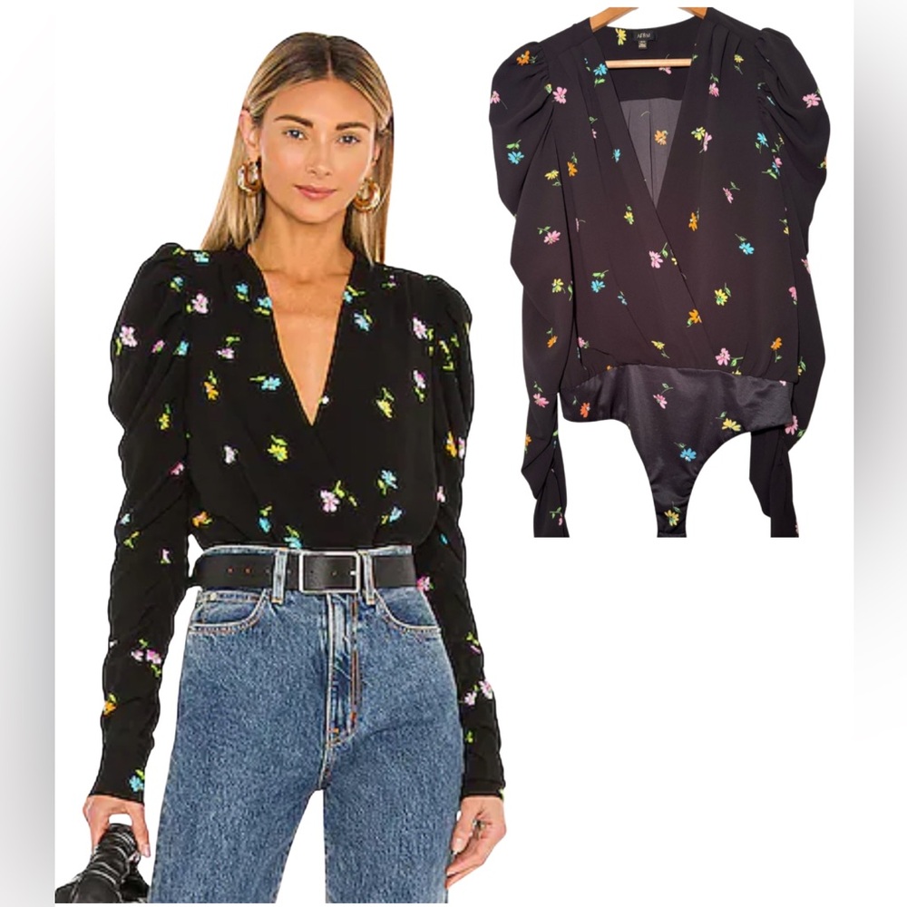 AFRM (Revolve) Black Floral Puff Sleeve Wrap Bodysuit – Size Medium